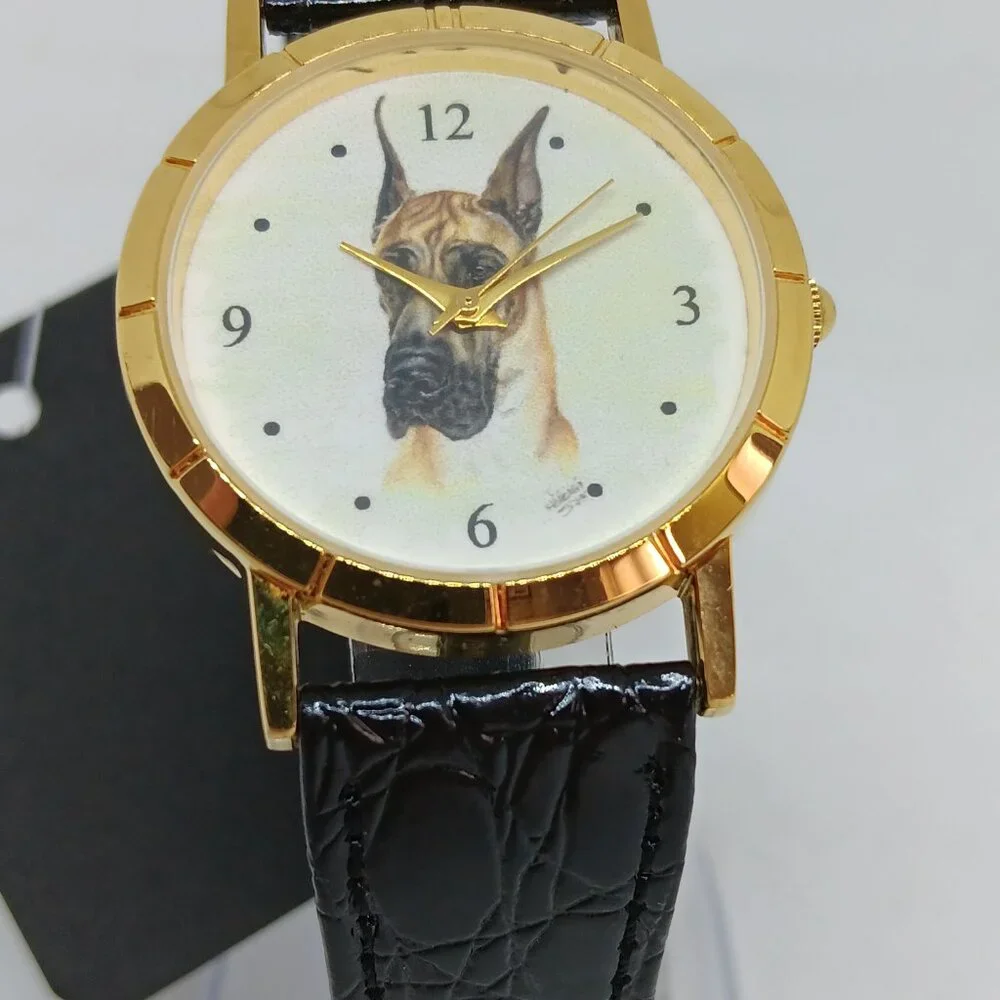 Great Dane 33mm Women's Gold Tone Black Leather Band Dog Watch